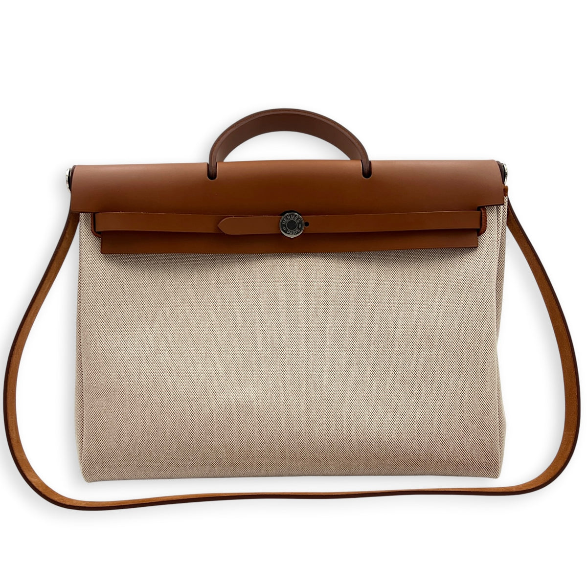 Herbag 39 Ecru-Beige/Fauve Top Handle Bag in Canvas, Palladium hardware
