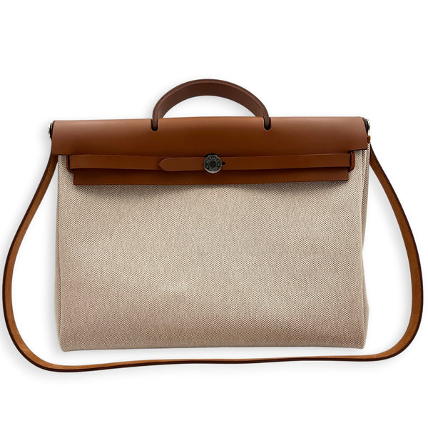 Herbag 39 Ecru-Beige/Fauve Top Handle Bag in Canvas, Palladium hardware