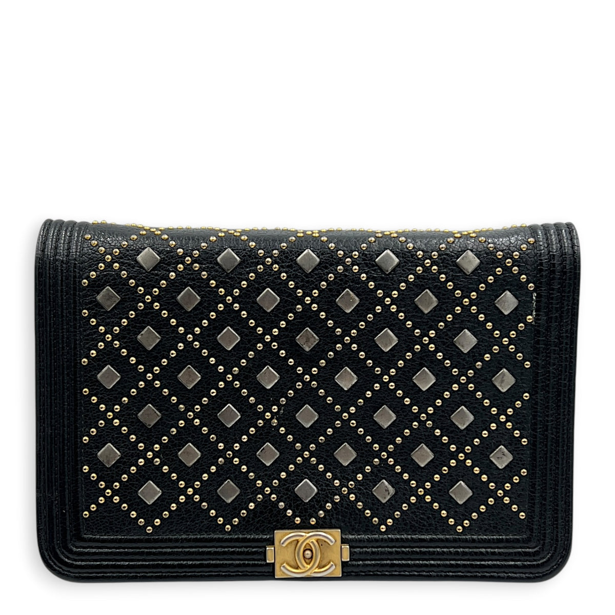 Studded Boy Black Wallet On Chain in Calfskin, Gold hardware