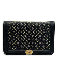 Studded Boy Black Wallet On Chain in Calfskin, Gold hardware