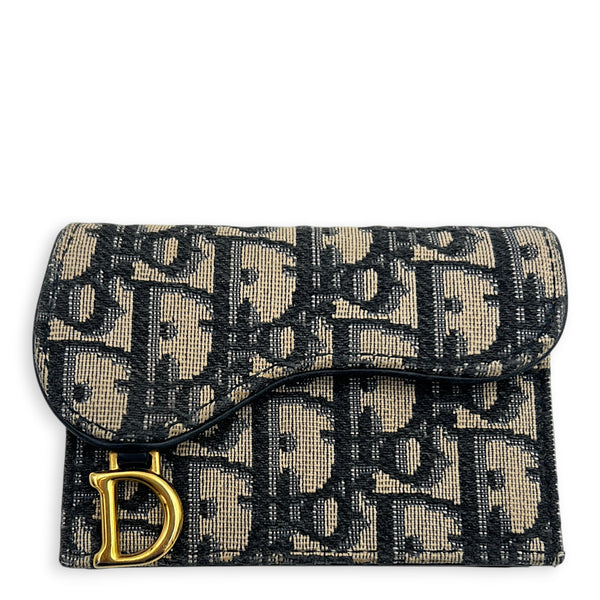 Saddle Card Holder Beige and Black Dior Oblique in Jacquard, Gold hardware