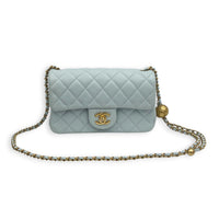 CC Mini Rectangle Pearl Crush Light Blue Shoulder Bag in Lambskin, Gold hardware