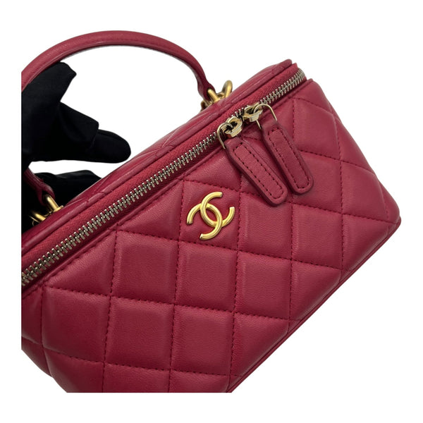 Classic Vanity Small Red Top Handle Bag in Lambskin, Gold hardware
