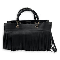 Bamboo Tassel Black Top Handle Bag in Calfskin, Gunmetal hardware