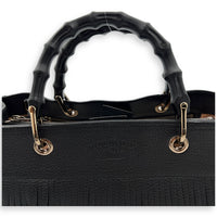Bamboo Tassel Black Top Handle Bag in Calfskin, Gunmetal hardware