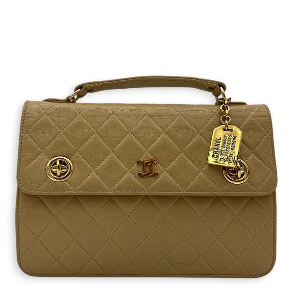 Vintage CC Double Turnlock Shoulder Bag Beige in Lambskin, Gold hardware