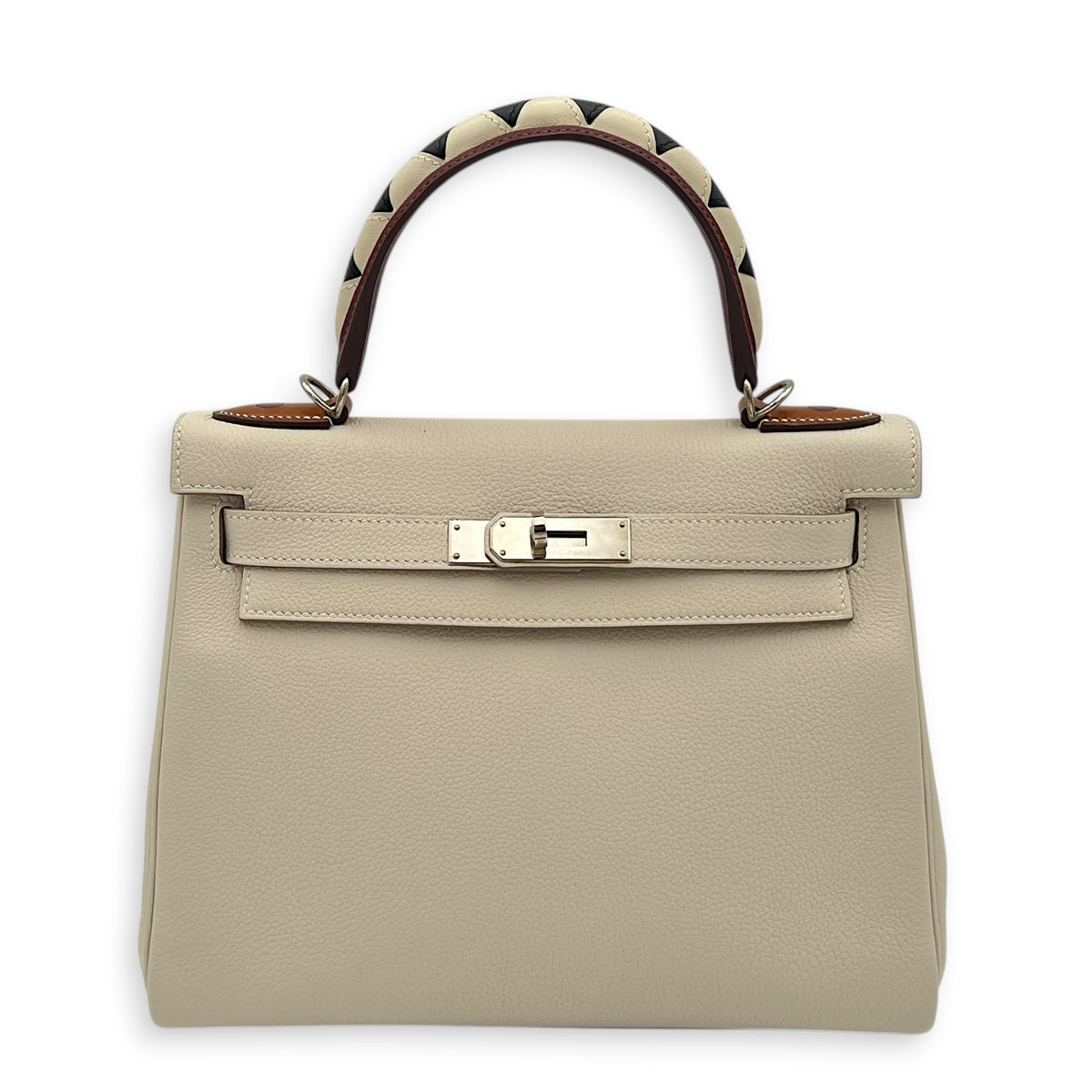 Kelly Gallop 28 Craie/Black/Fauve/Rouge H Top Handle Bag in Togo, Palladium hardware