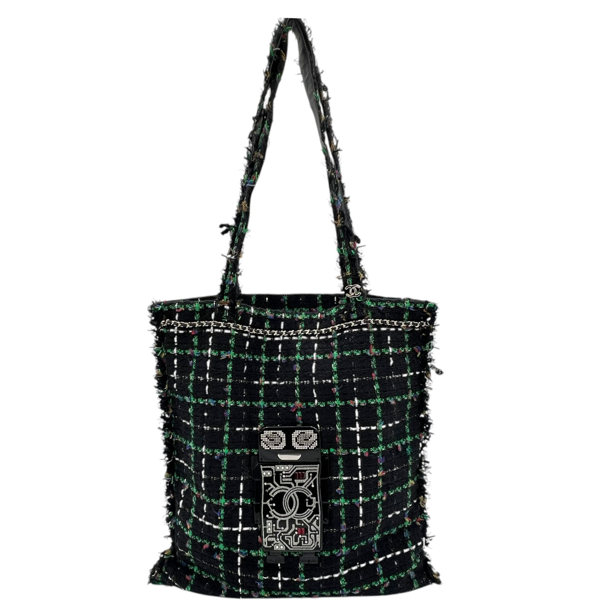 Robot Shopper Bag Black Top Handle Bag in Tweed, Silver hardware