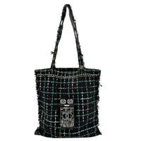 Robot Shopper Bag Black Top Handle Bag in Tweed, Silver hardware
