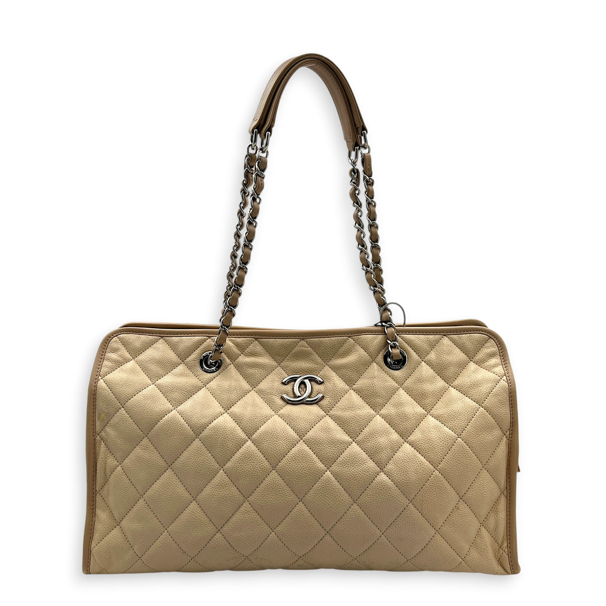 French Riviera Beige Shoulder Bag in Caviar Leather, Silver hardware