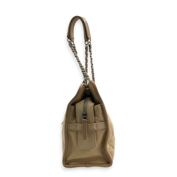 French Riviera Beige Shoulder Bag in Caviar Leather, Silver hardware