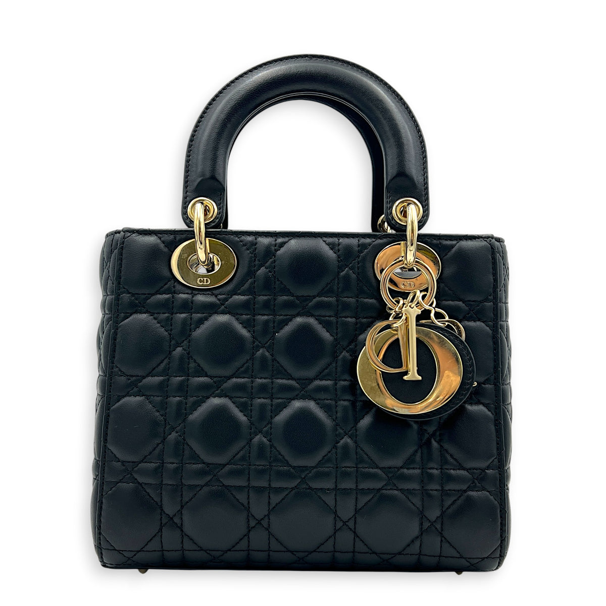 Lady Dior Small Black Top Handle Bag in Lambskin, Gold hardware