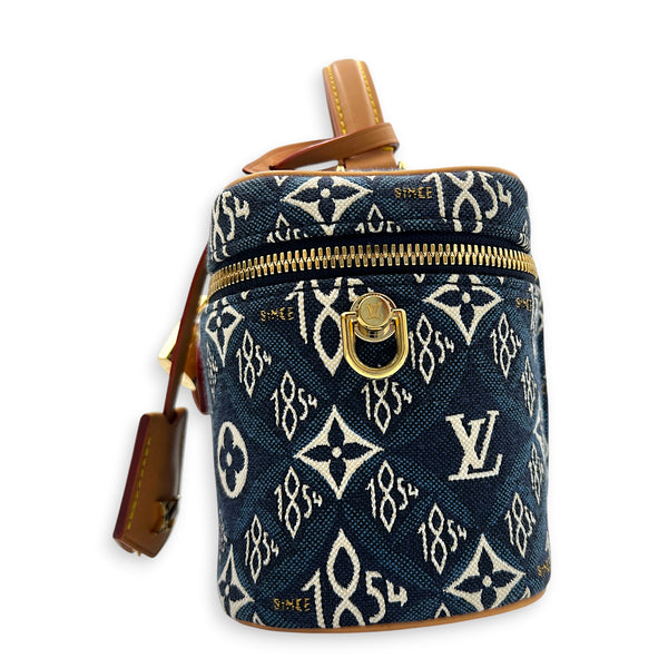 Vanity Blue Top Handle Bag in Jacquard, Gold hardware