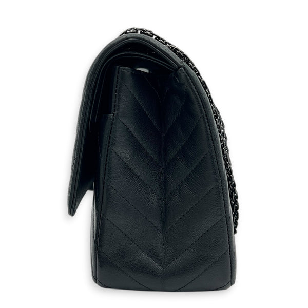 2.55 Medium Black Chevron Shoulder Bag in Calfskin, So Black hardware