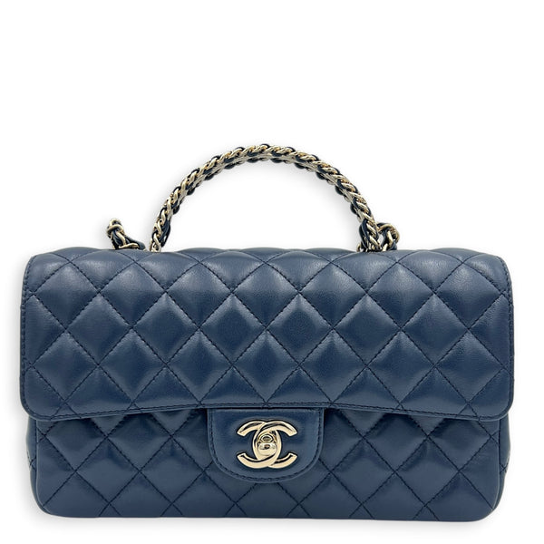 Classic 23A Crystal Blue Top Handle Bag in Lambskin, Gold hardware