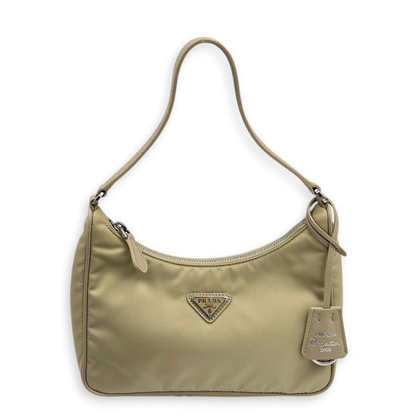 Re-Nylon Beige Shoulder Bag in Nylon, Silver hardware
