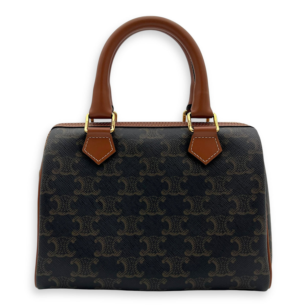 Celine Triomphe Boston Brown Top Handle Bag in Coated Canvas, Gold hardware_1