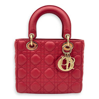 Dior Lady Dior Small Red Top Handle Bag in Lambskin, Gold hardware_10