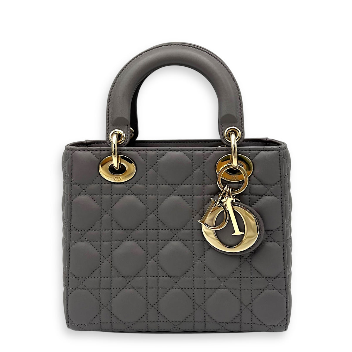 Christian Dior Lady Dior Small Grey Top Handle Bag in Lambskin, Gold hardware_1