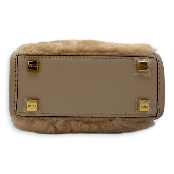 Fendi Sunshine Top Handle Bag Mini Beige in Faux Fur, Gold hardware_5