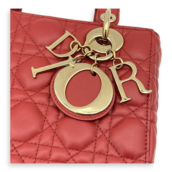 Dior Lady Dior Small Red Top Handle Bag in Lambskin, Gold hardware_7