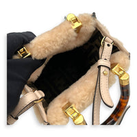 Fendi Sunshine Top Handle Bag Mini Beige in Faux Fur, Gold hardware_8