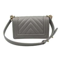 Chanel Chevron Quilted Boy Small Grey Shoulder Bag in Caviar Leather, Gold hardware_2
