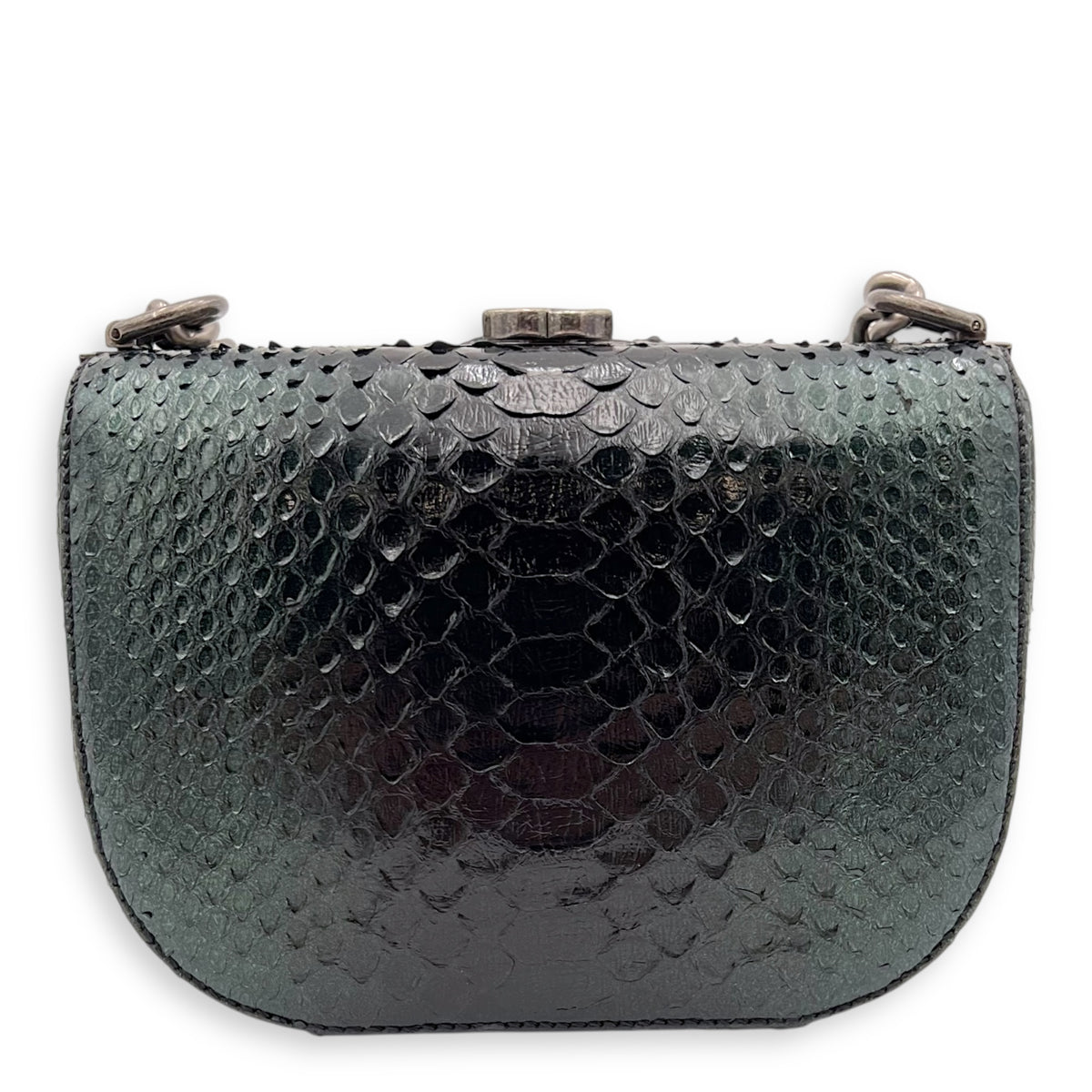 Kisslock Shoulder Bag Green in Python Leather, Silver hardware