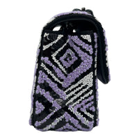 CC Regtangle Sequin Embroidered Flap Silver Shoulder Bag in, Black hardware