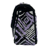 CC Regtangle Sequin Embroidered Flap Silver Shoulder Bag in, Black hardware