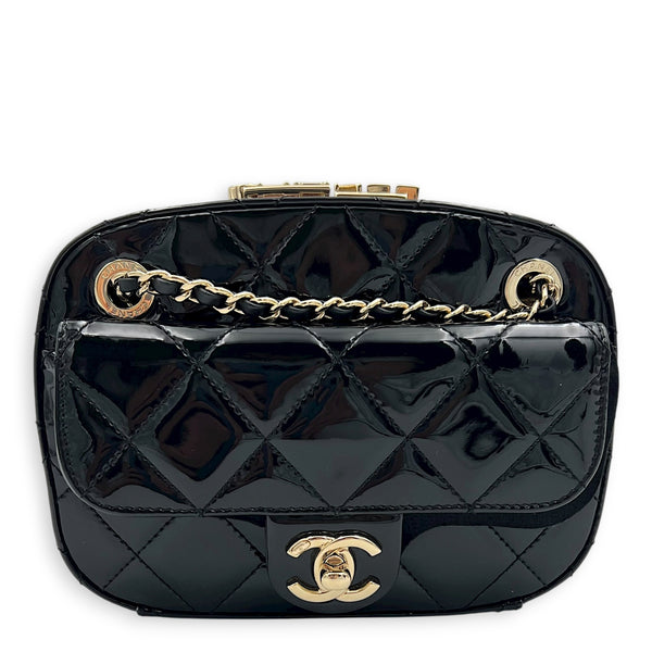 CC Seasonal Camera Shoulder Bag Black in Patent Leather, Gold hardware