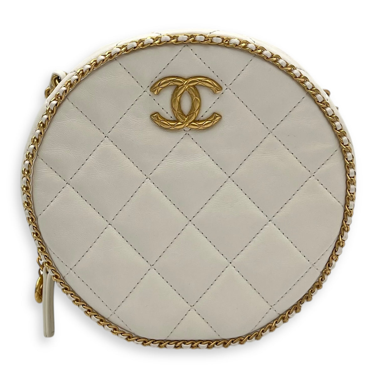 Round Chain Around Shoulder Bag White in Lambskin, Gold hardware