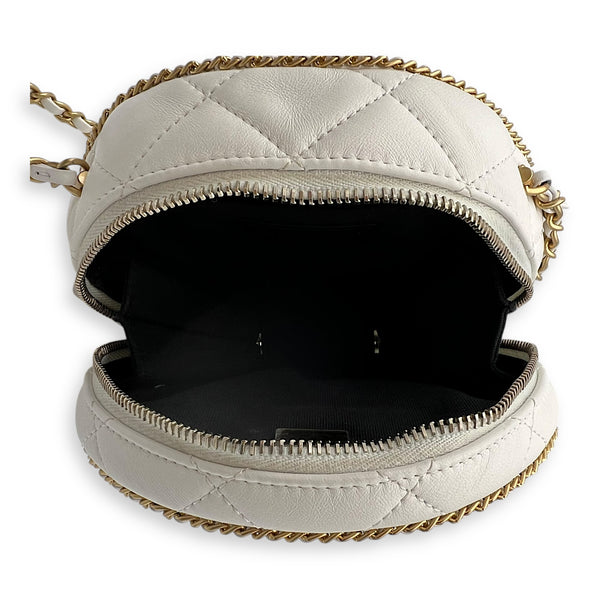 Round Chain Around Shoulder Bag White in Lambskin, Gold hardware