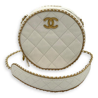Round Chain Around Shoulder Bag White in Lambskin, Gold hardware