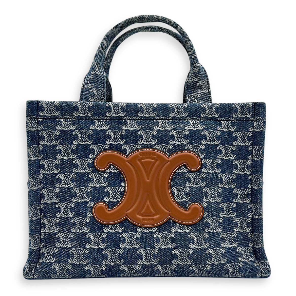 Triomphe Cabas Tote Bag Blue in Denim, Gold hardware
