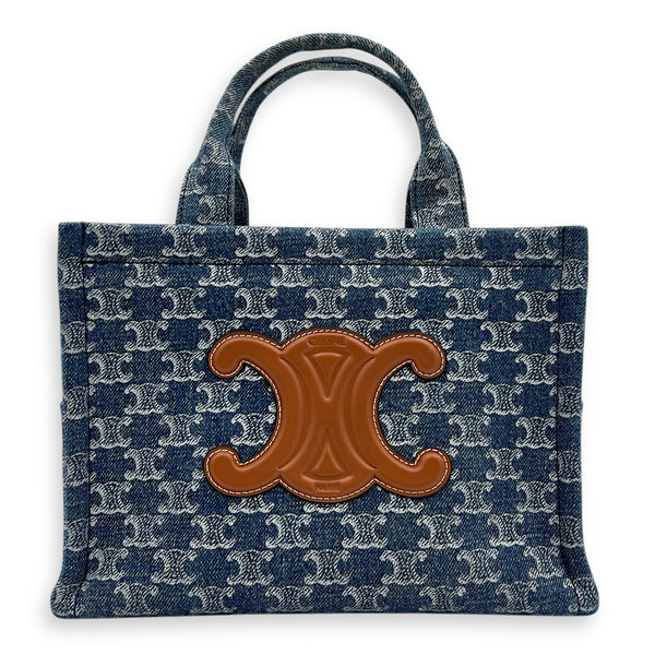 Triomphe Cabas Tote Bag Blue in Denim, Gold hardware