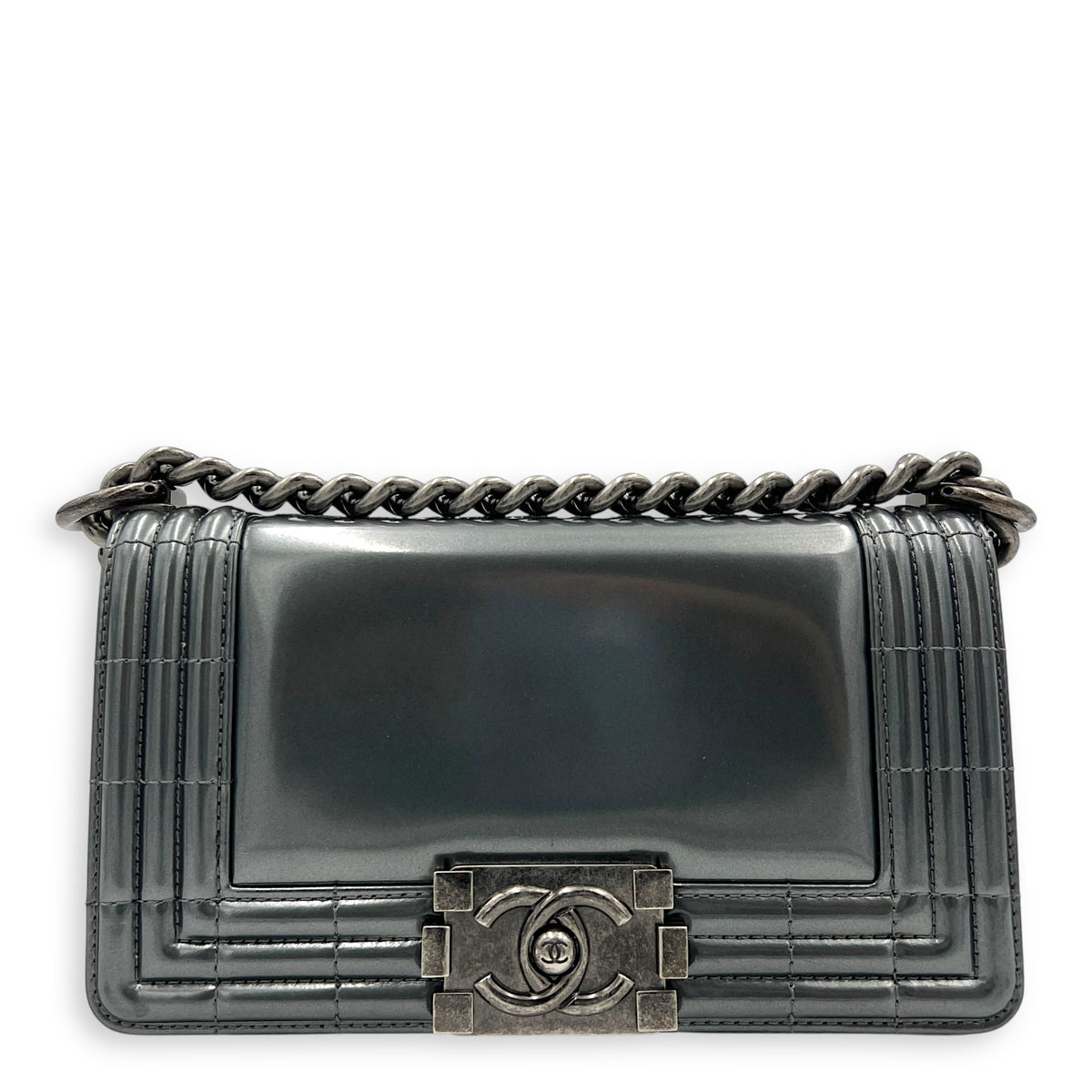 Boy Shoulder Bag Mini Silver in Patent Leather, Ruthenium hardware