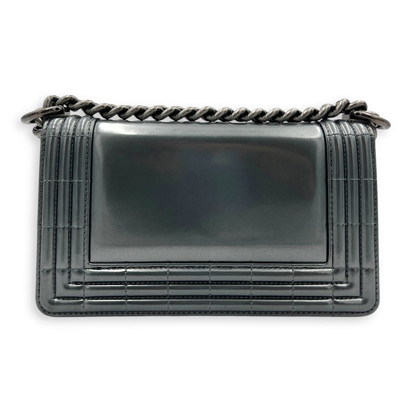 Boy Shoulder Bag Mini Silver in Patent Leather, Ruthenium hardware