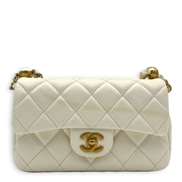 Rectangle Pearl Chain Shoulder Bag White in Lambskin, Gold hardware