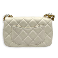 Rectangle Pearl Chain Shoulder Bag White in Lambskin, Gold hardware