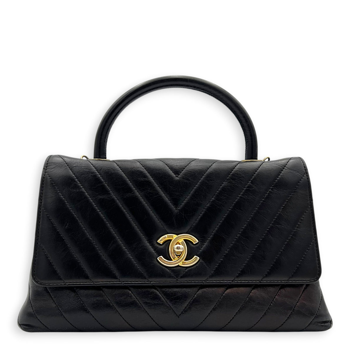 Coco Chevron Black Top Handle Bag in Calfskin, Gold hardware