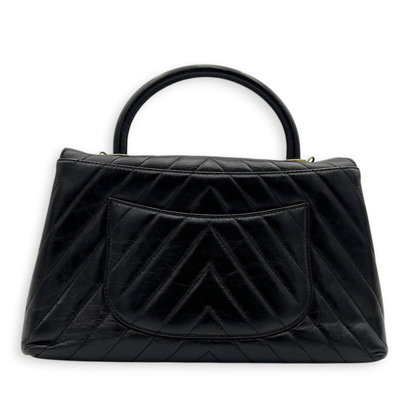Coco Chevron Black Top Handle Bag in Calfskin, Gold hardware