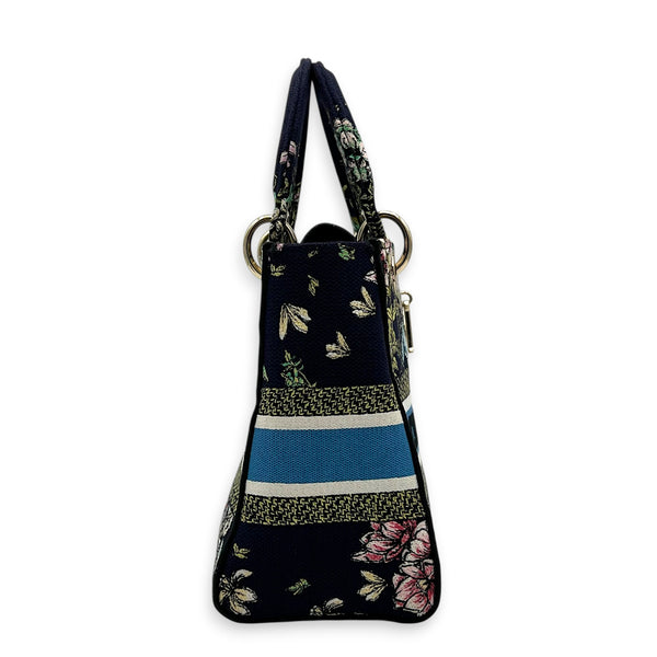 Lady Dior Medium Black Top Handle Bag in Canvas, Gold hardware