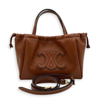 Triomphe Drawstring Top Handle Bag Brown in Calfskin, Gold hardware