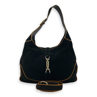 Jackie Shoulder Bag Black in Suede Leather, Silver hardware