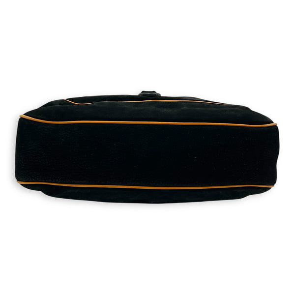 Jackie Shoulder Bag Black in Suede Leather, Silver hardware