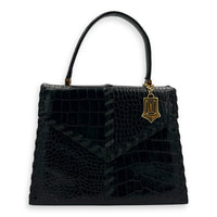 Braided Stitch Top Handle Bag Black in Crocodile Embossed Calfskin, Gold hardware