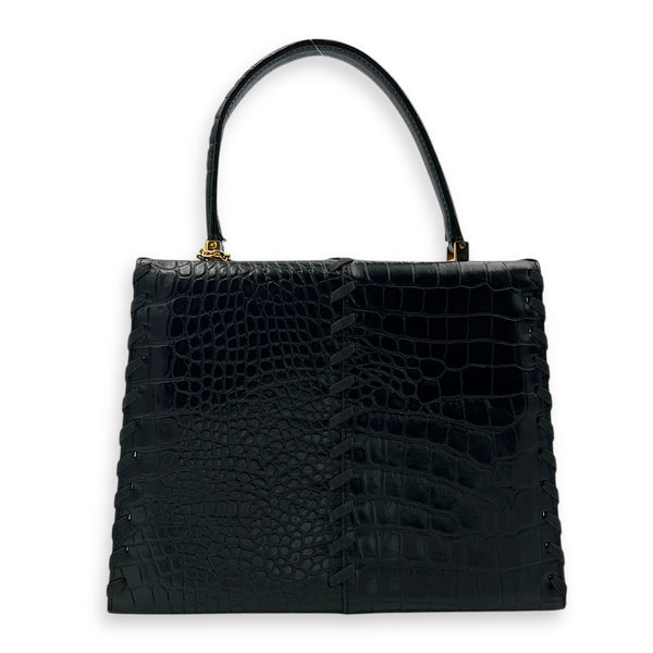 Braided Stitch Top Handle Bag Black in Crocodile Embossed Calfskin, Gold hardware