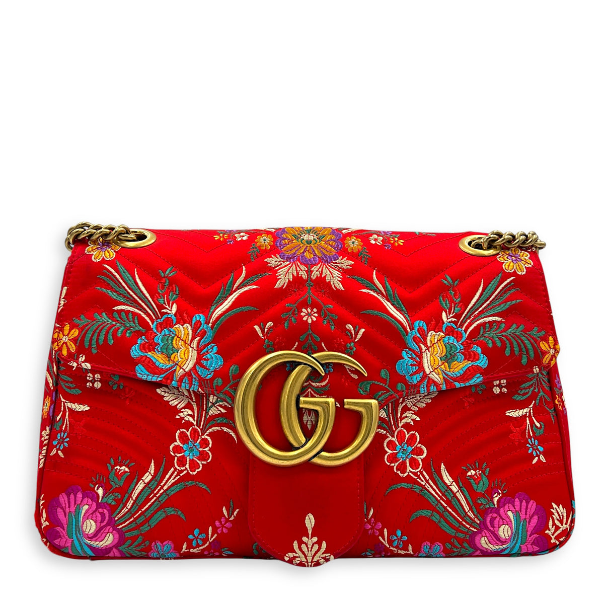 GG Marmont Shoulder Bag Red in Satin, Gold hardware