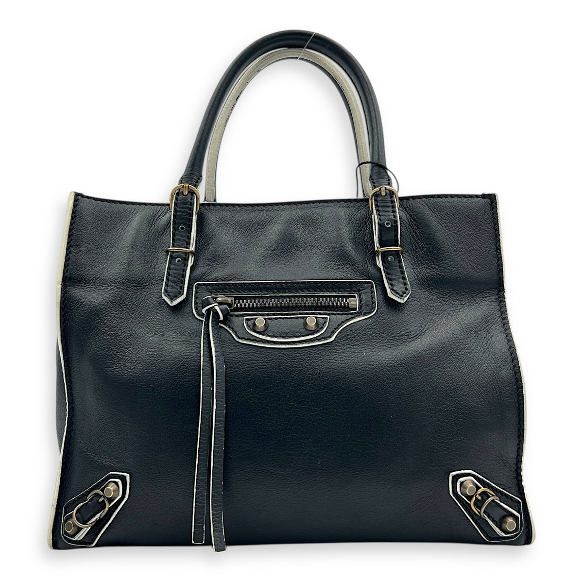 Papier Top Handle Bag Black with White Trim in Calfskin, Ruthenium hardware